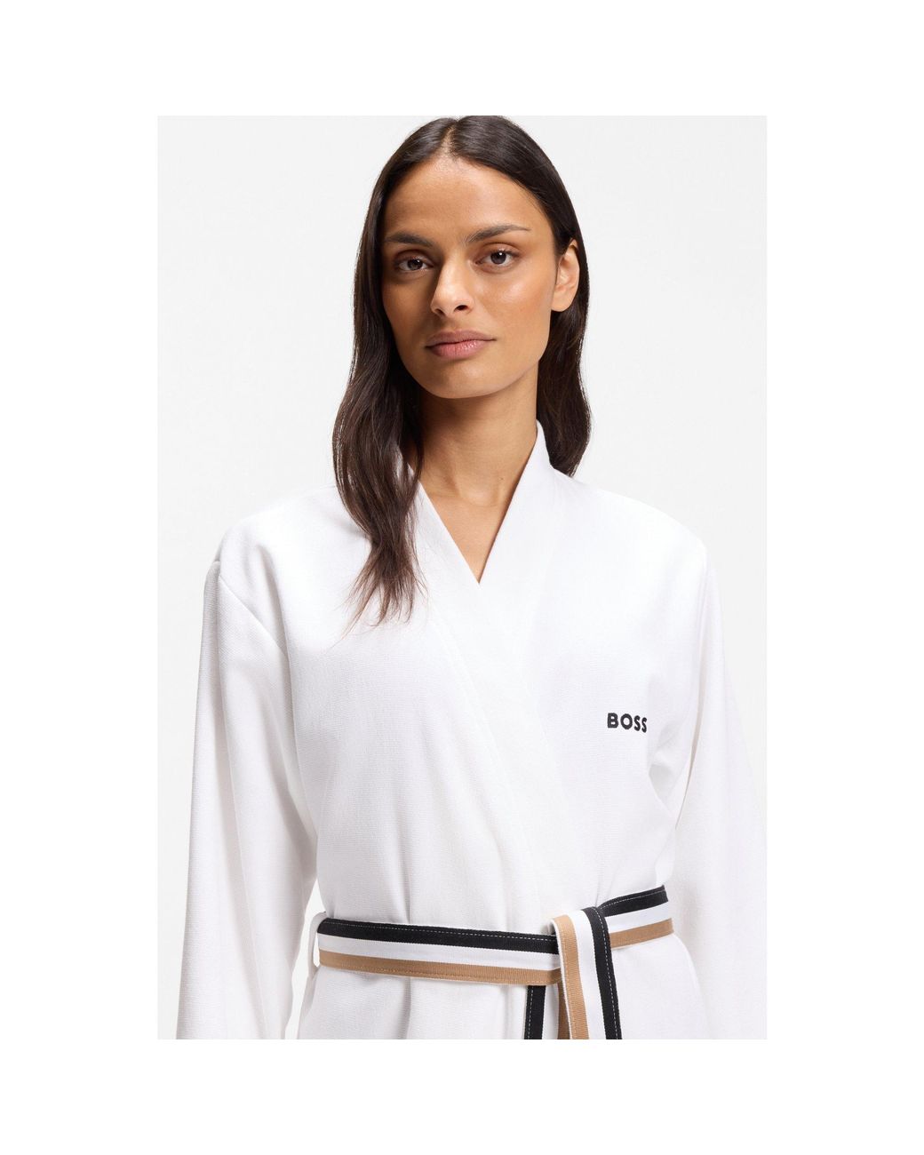 Boss White Cotton Dressing Gown With Signature-Stripe Belt