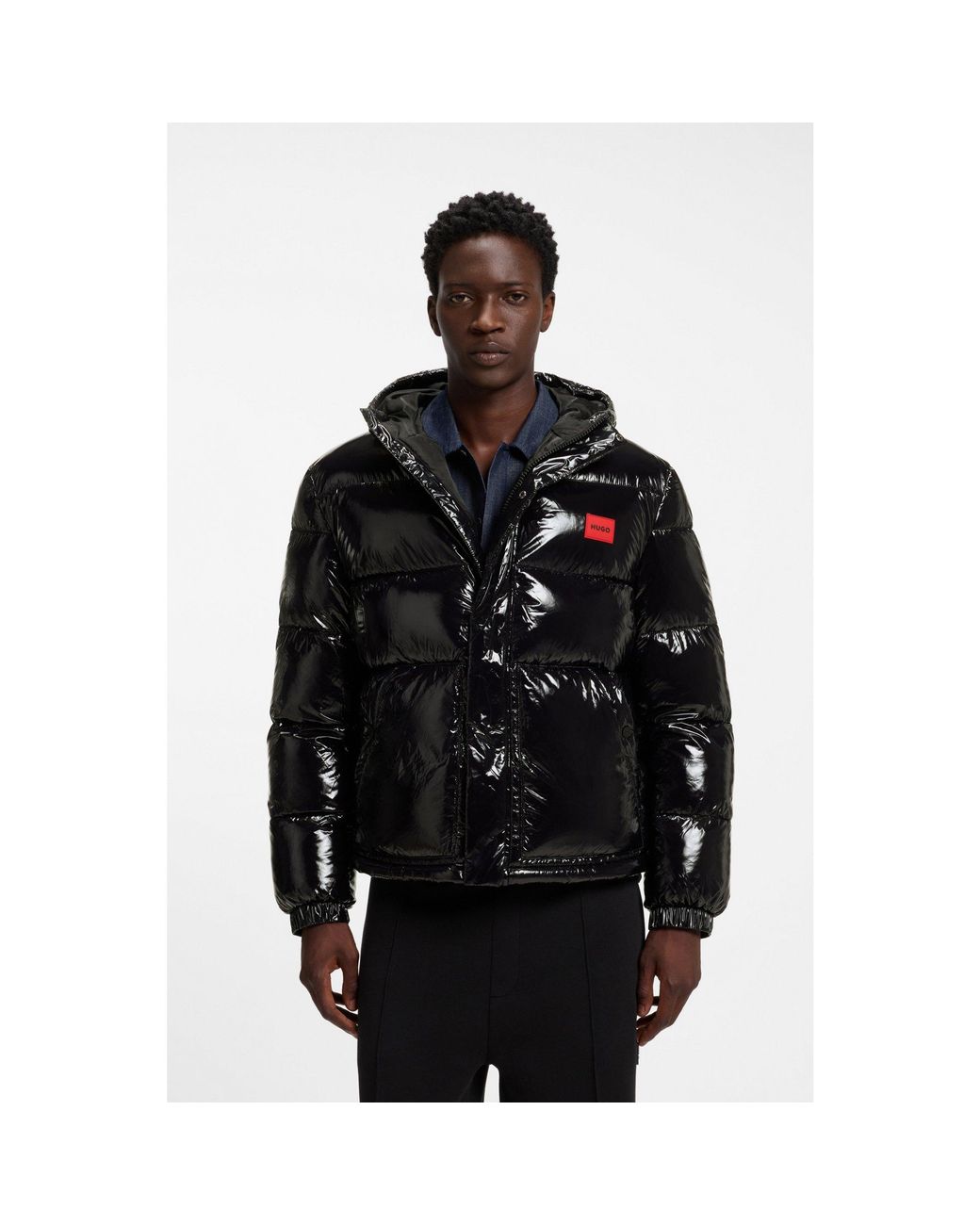 HUGO Black Water-Repellent Padded Jacket With Lacquered Finish for men