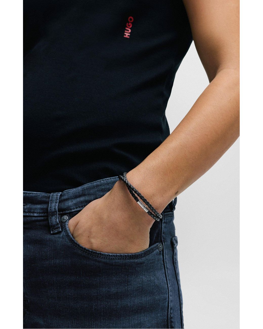 BOSS Black braided leather hopin cuff