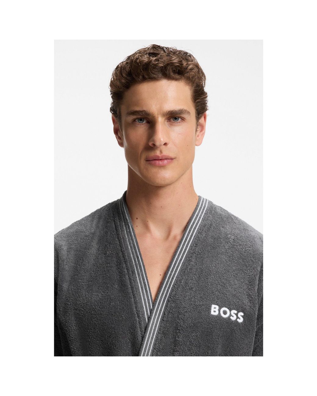 Boss Gray Cotton Dressing Gown With Embroidered Logo for men
