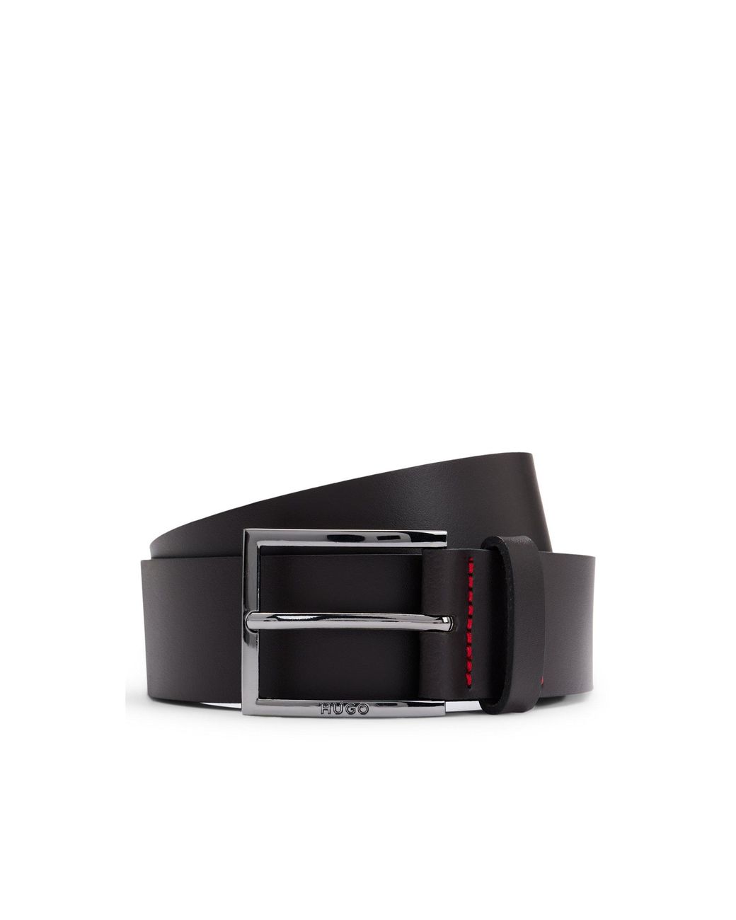 HUGO Black Leather Belt With Engraved-Logo Buckle for men