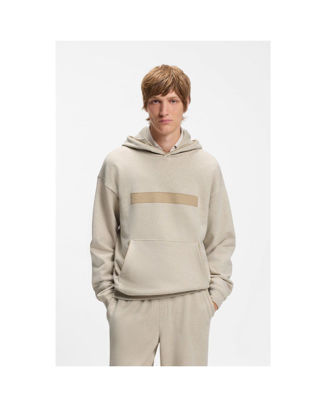 HUGO Natural Relaxed-Fit Cotton-Terry Hoodie With Wide-Set Logo for men
