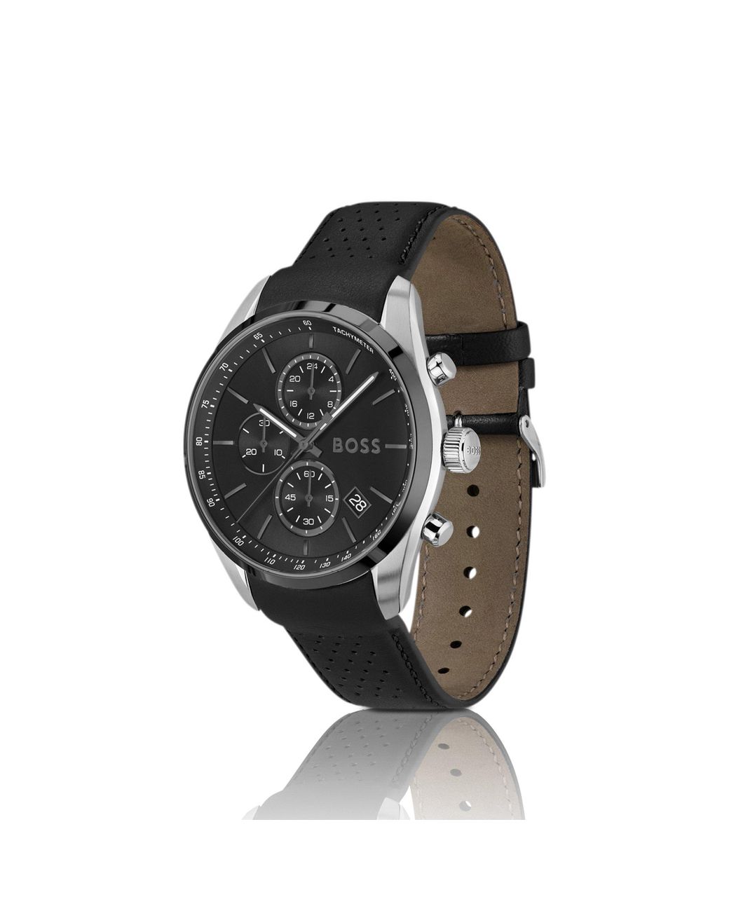 Boss Black Dial Chronograph Watch With Leather Strap for men