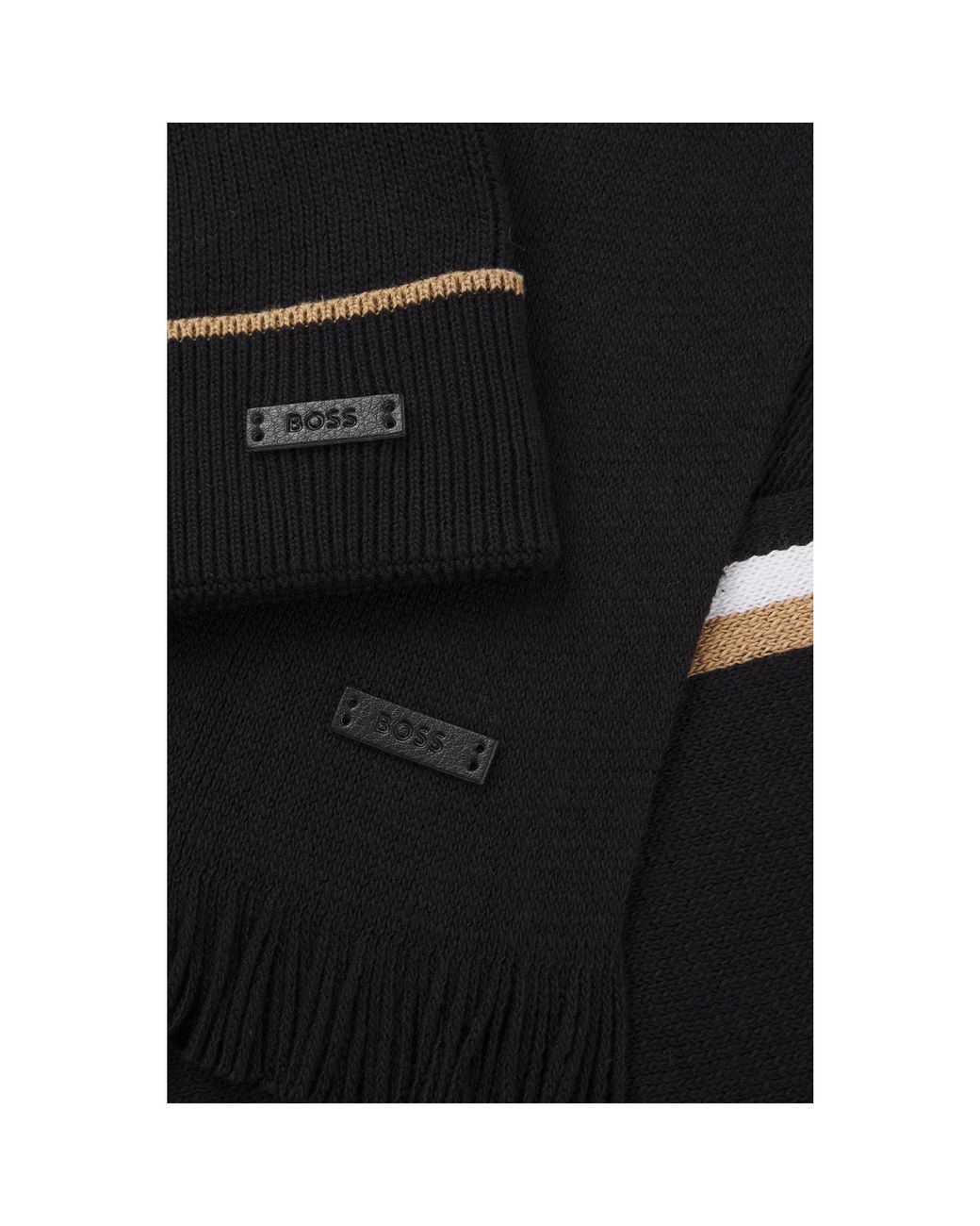 Boss Black Hat And Scarf Gift Set With Stripe Details for men