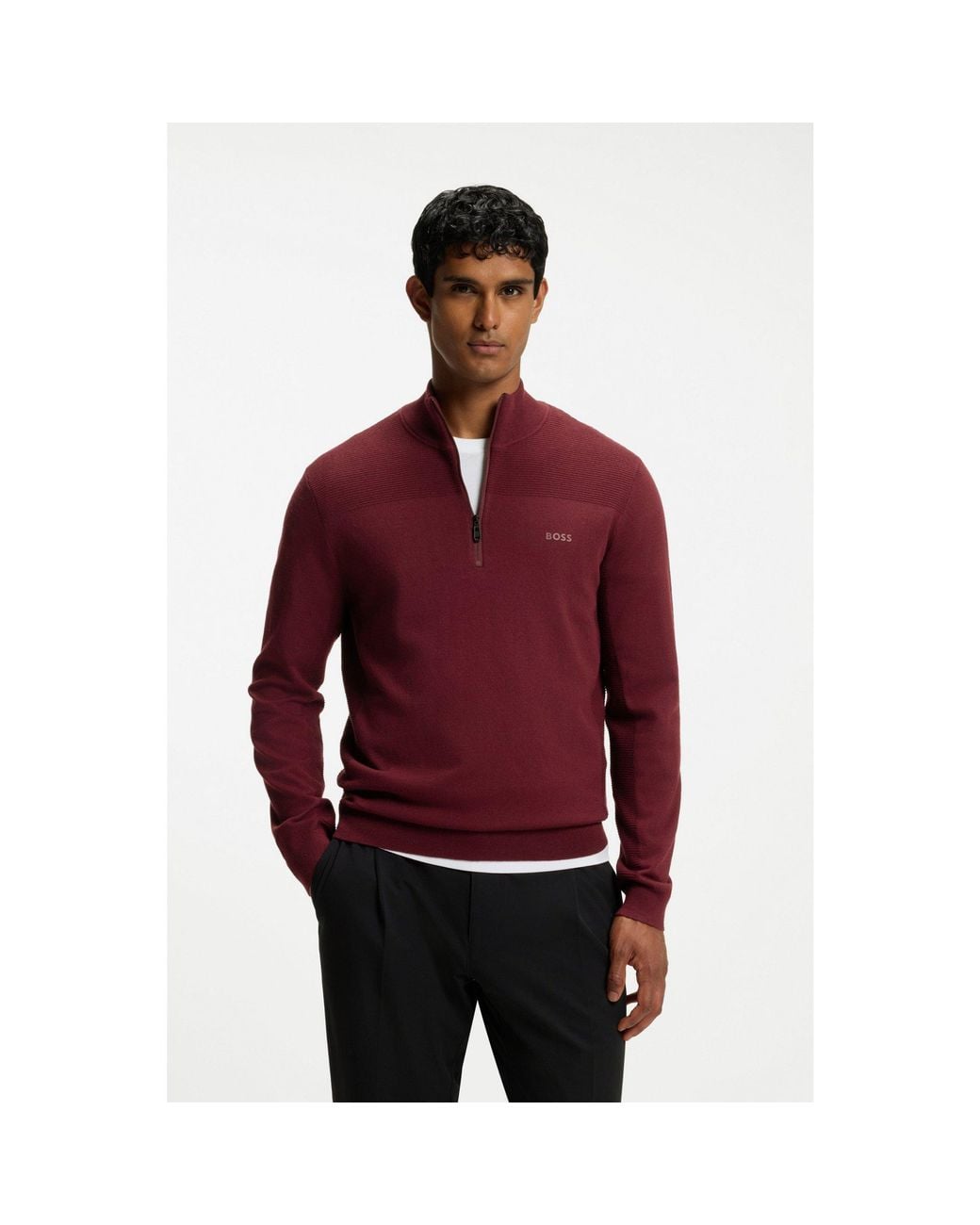 Boss Red Zip-Neck Virgin Wool-Blend Sweater With Logo for men