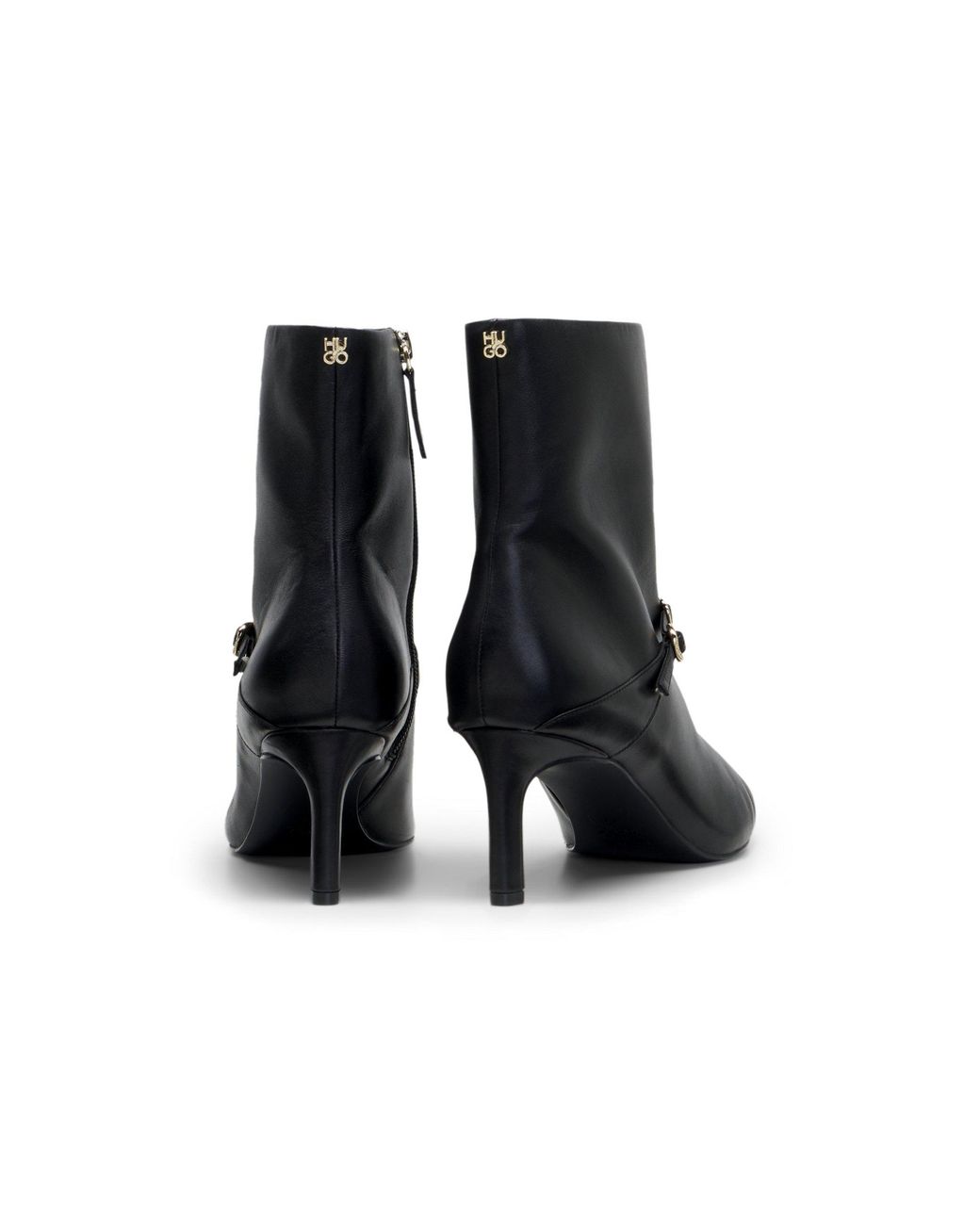 HUGO Black Leather Ankle Boots With A Logo Buckle