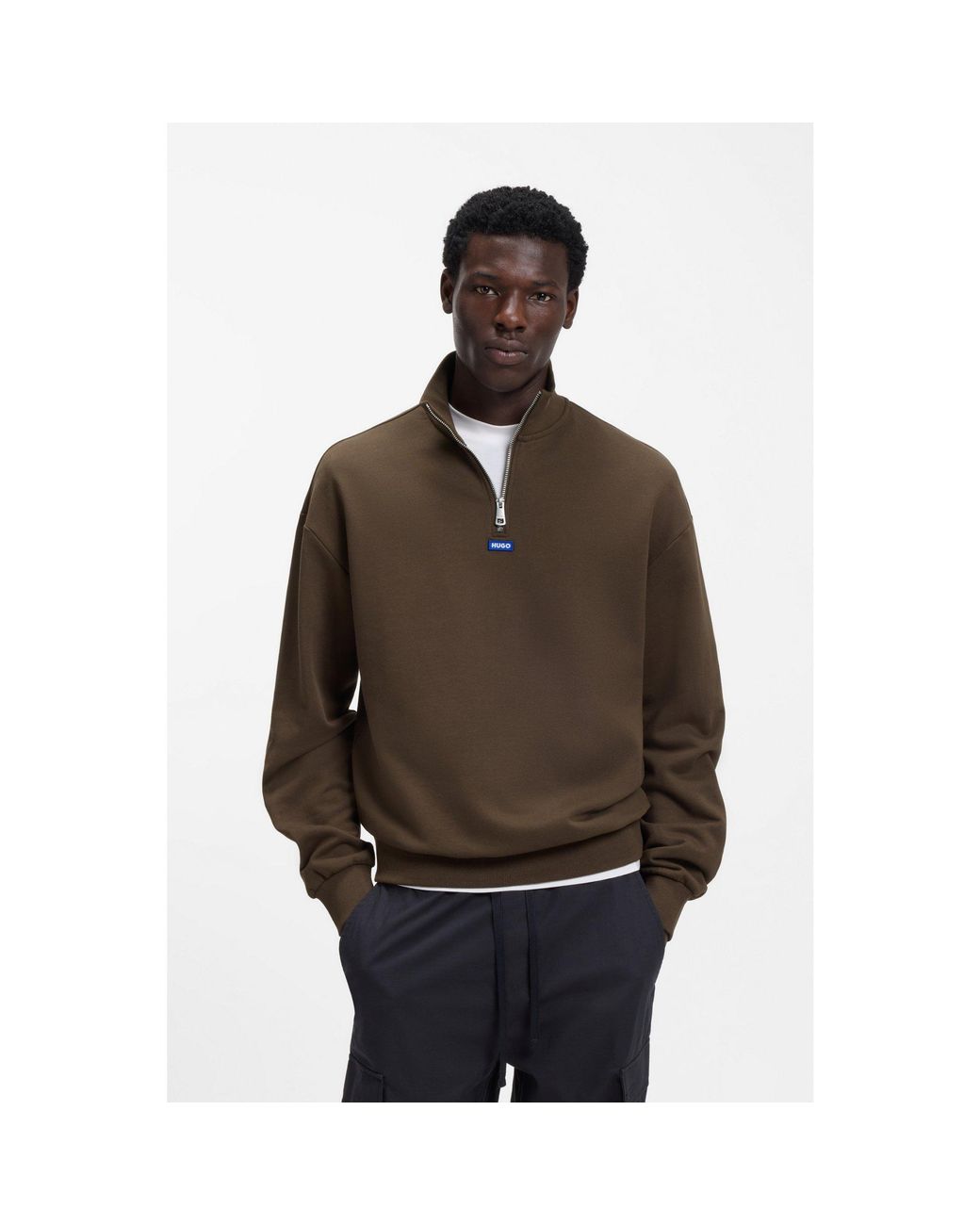 HUGO Brown Zip-Neck Cotton Sweatshirt for men