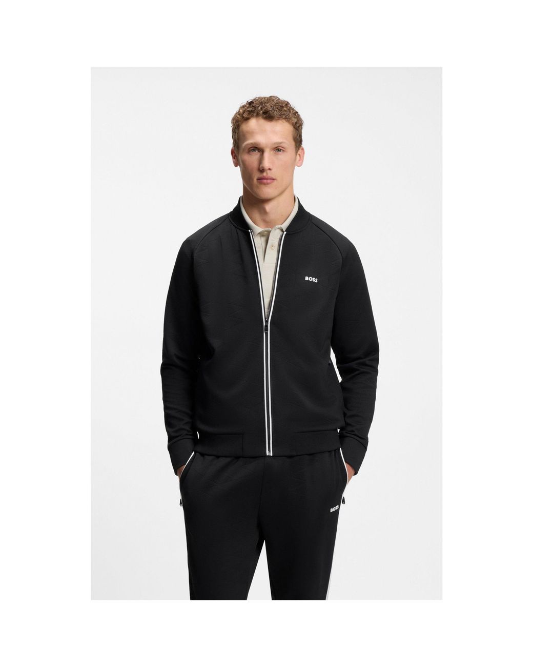 Boss Black Triangle-Jacquard Zip-Up Sweatshirt With Rubberised Logo for men