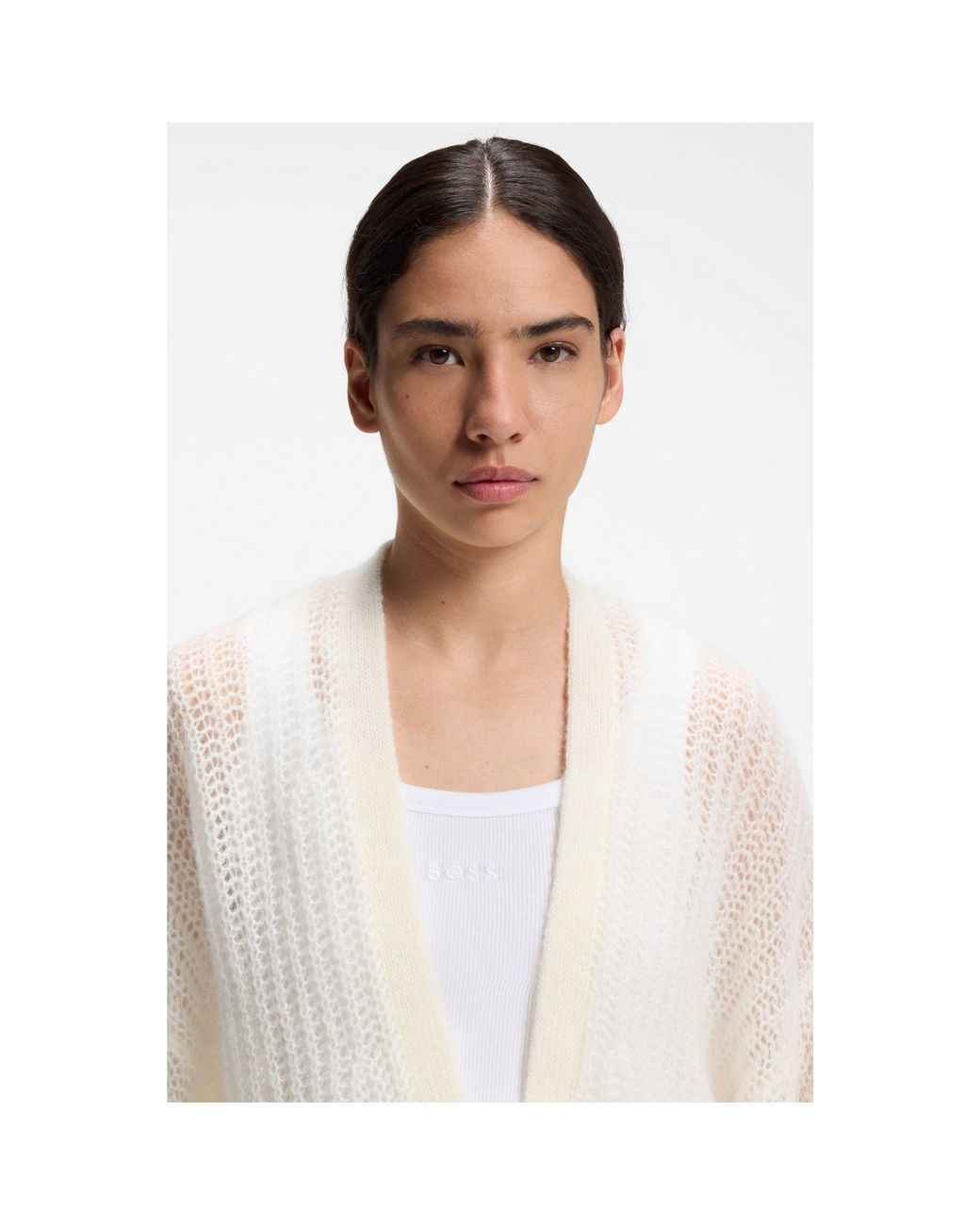 Boss White Relaxed-Fit Cardigan With Open-Knit Structure