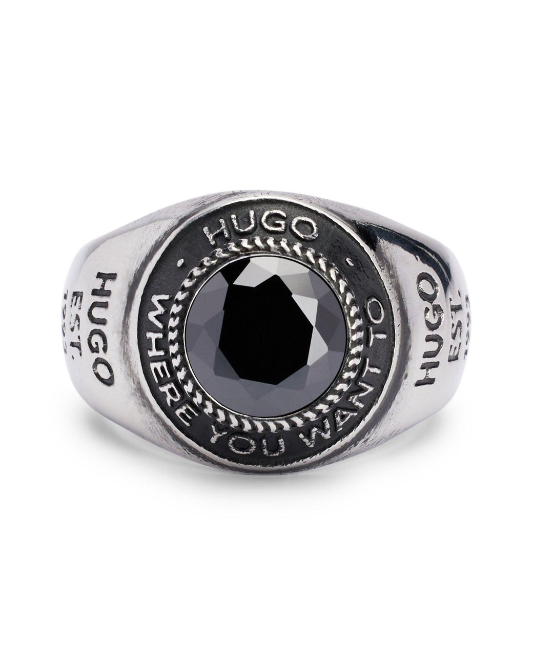 HUGO Stainless-steel Slogan-engraved Signet Ring With Black Stone for Men |  Lyst Canada