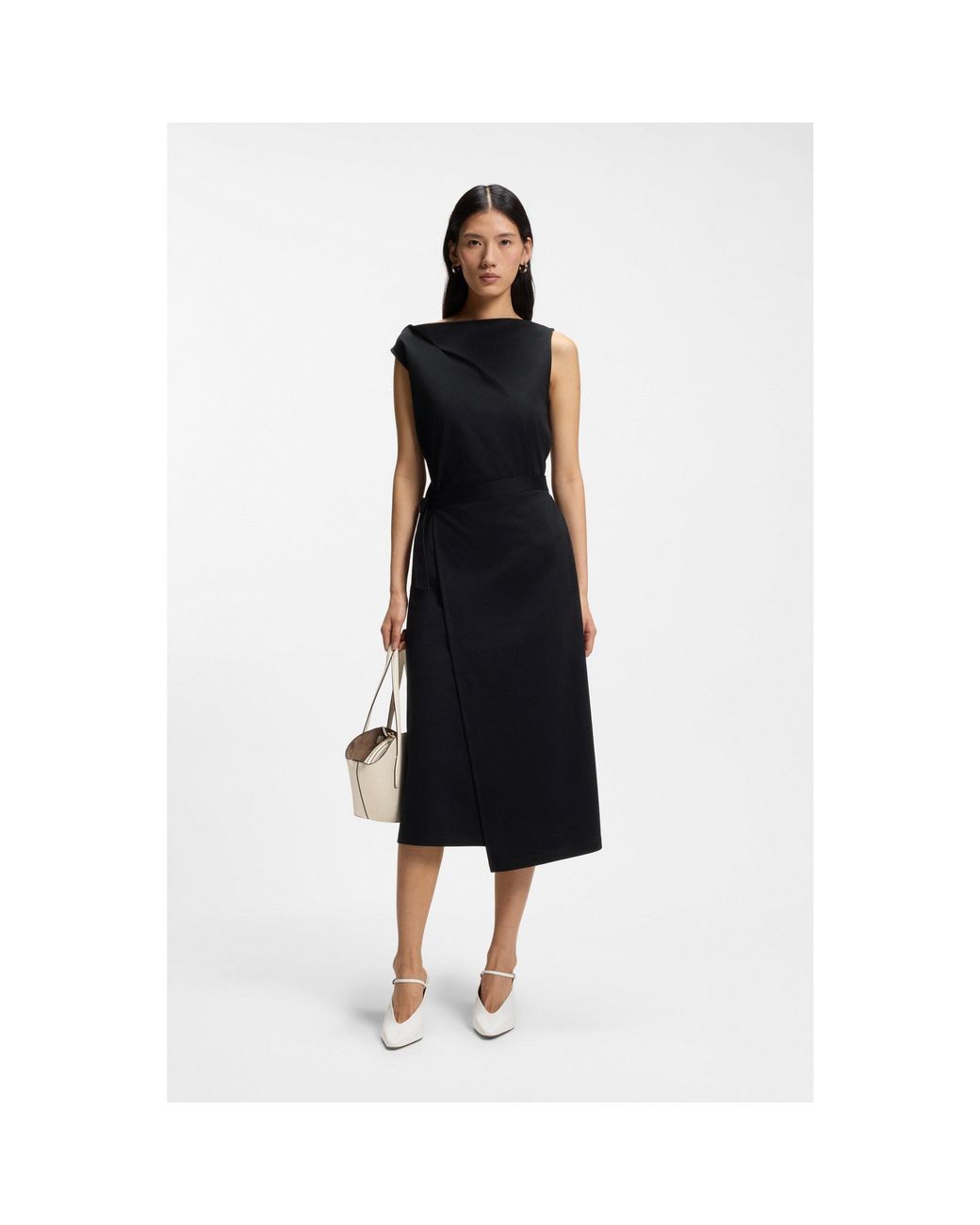 Boss Black Mercerised-Cotton Dress With Cowl Neckline