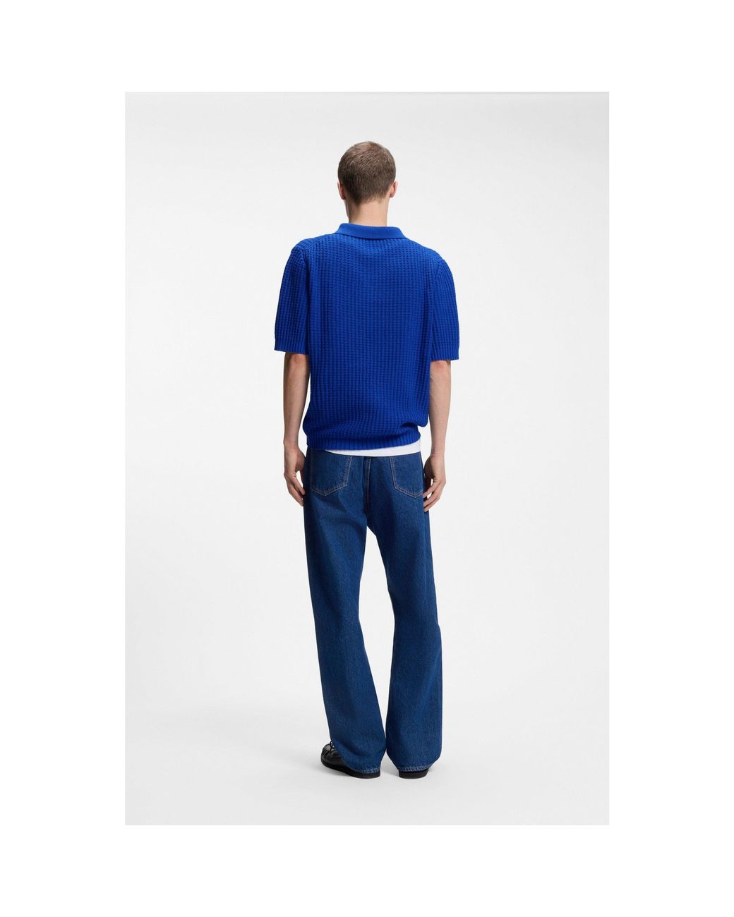 HUGO Blue Waffle-Structure Knit Polo With Johnny Collar for men