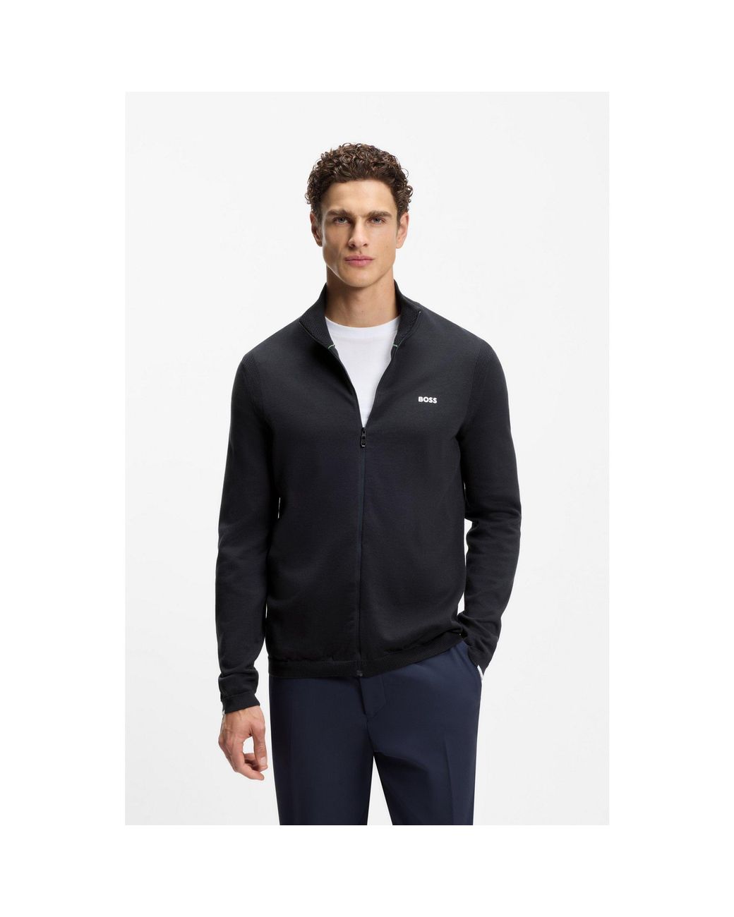 Boss Black Knitted-Cotton Cardigan With Contrast Logo for men