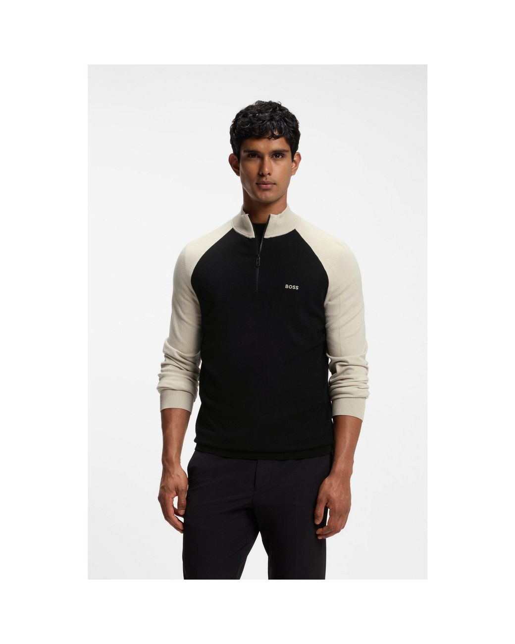 Boss Black Colour-Blocked Sweater With Zip Neck for men