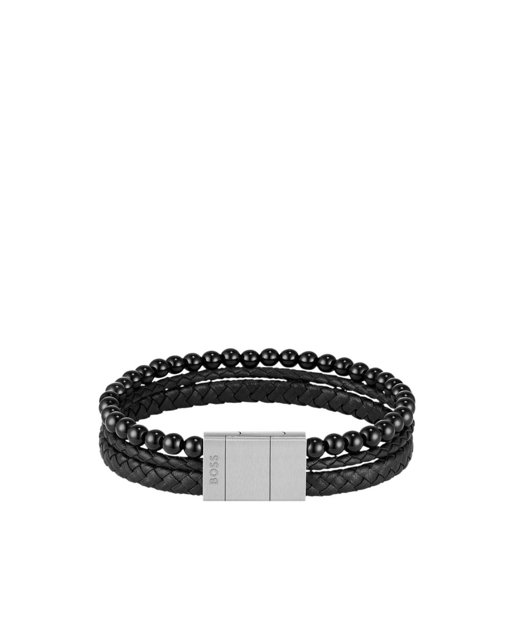 Boss Black Cuff With Tiger Beads And Braided Leather for men