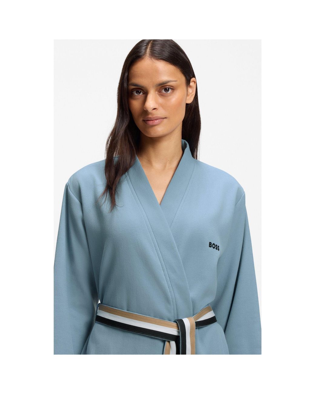 Boss Blue Cotton Dressing Gown With Signature-Stripe Belt