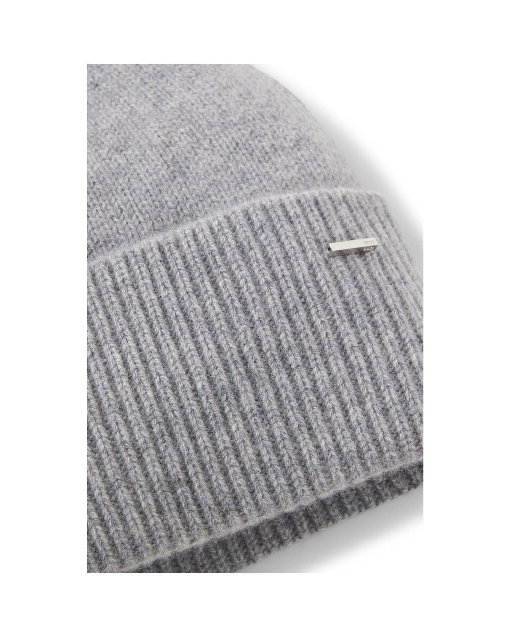 Boss Gray Cashmere Beanie Hat With Metallic Logo Trim