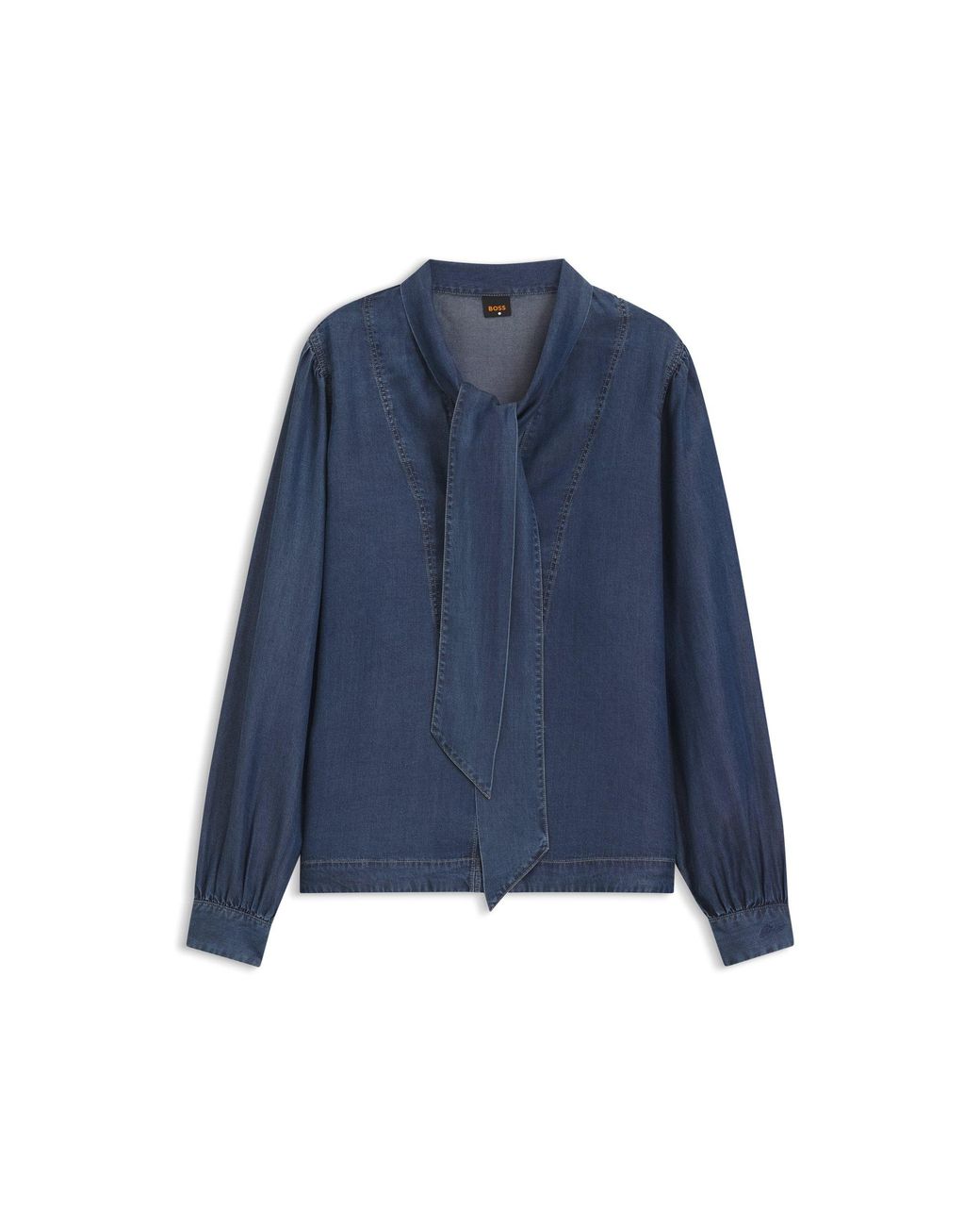 Boss Blue Denim-Look Blouse With Scarf Detail