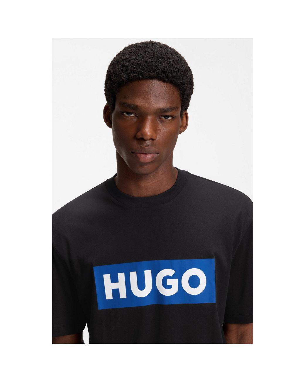 HUGO Blue Cotton-Jersey T-Shirt With Logo Print for men
