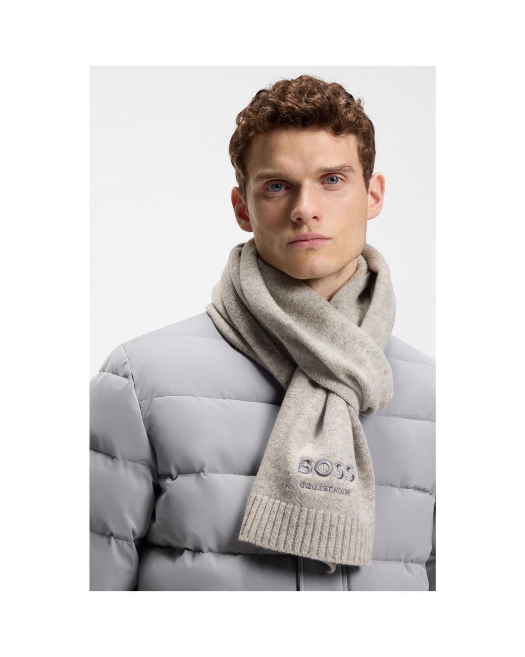 Boss Gray Equestrian Wool-Blend Scarf for men