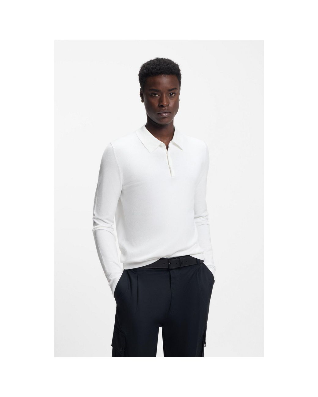 HUGO White Slim-Fit Knit Polo for men