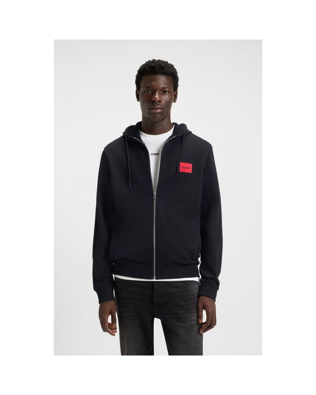 HUGO Black Cotton-Terry Zip-Up Hoodie With Logo Label for men