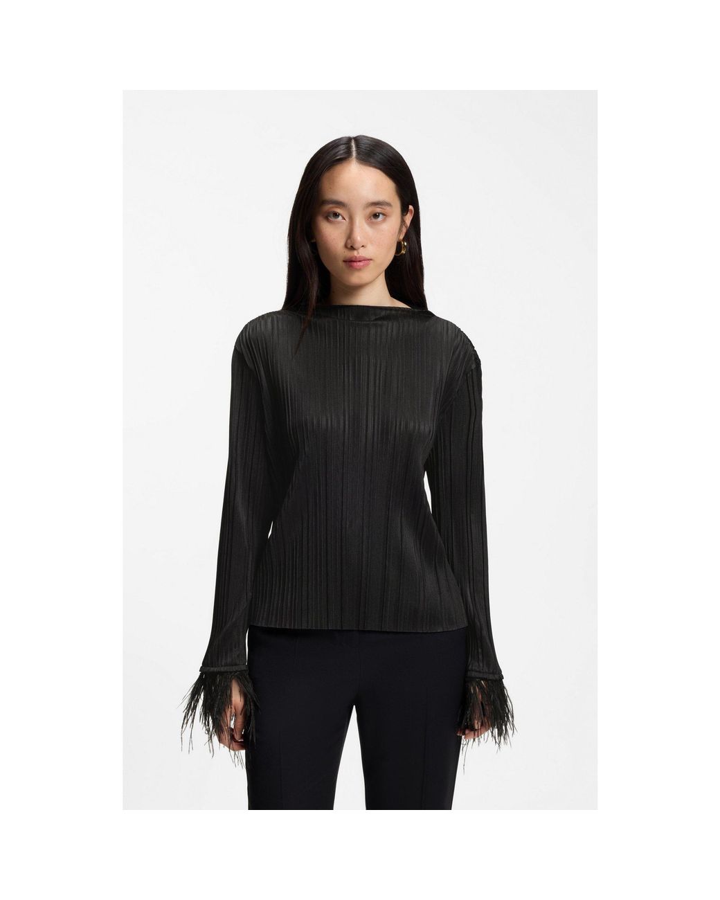 Boss Black Slim-Fit Mock-Neck Top With Feather Details