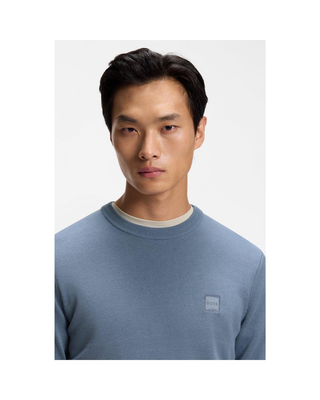 Boss Blue Cotton-Blend Sweater With Logo Patch for men
