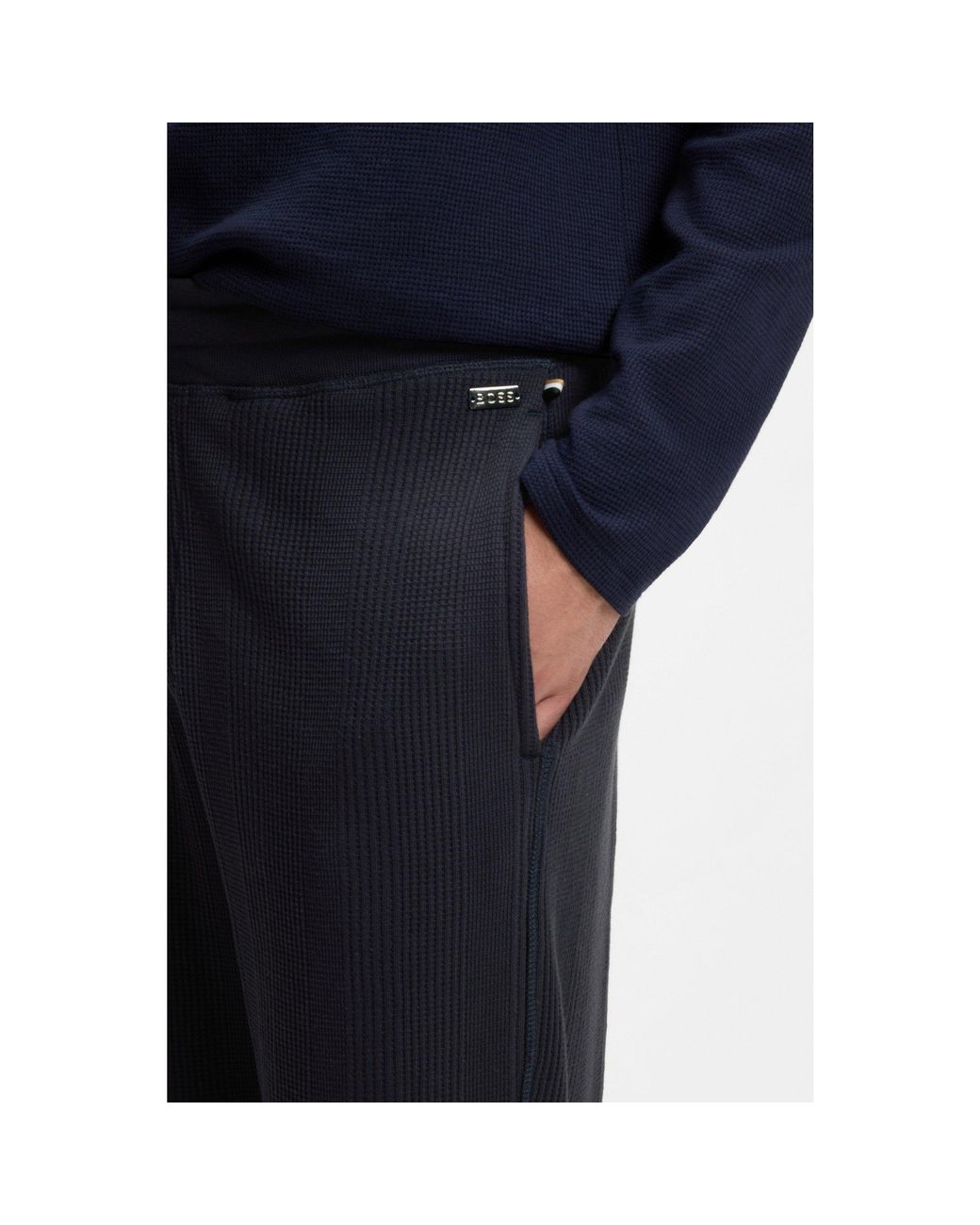 Boss Blue Cotton-Blend Tracksuit Bottoms With Waffle Structure for men