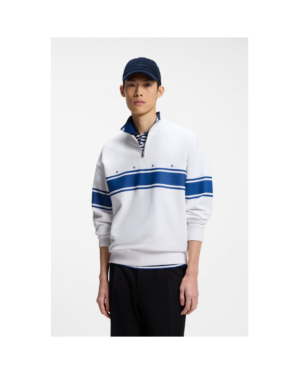 HUGO Blue Zip-Neck Cotton Sweatshirt With Printed Stripes for men
