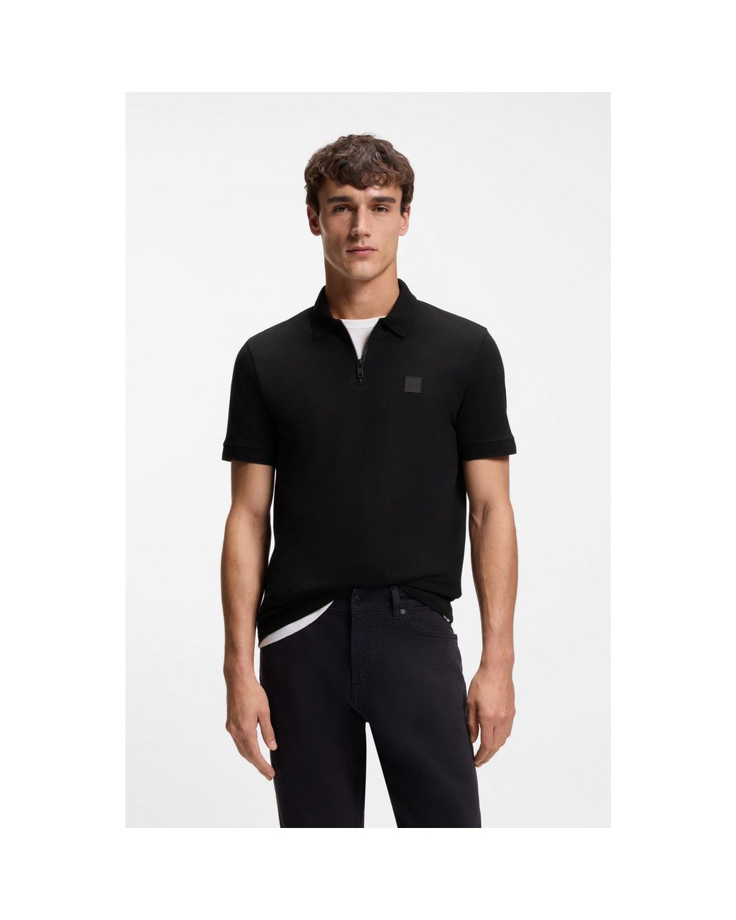 Boss Black Stretch-Cotton Slim-Fit Polo Shirt With Logo Patch for men