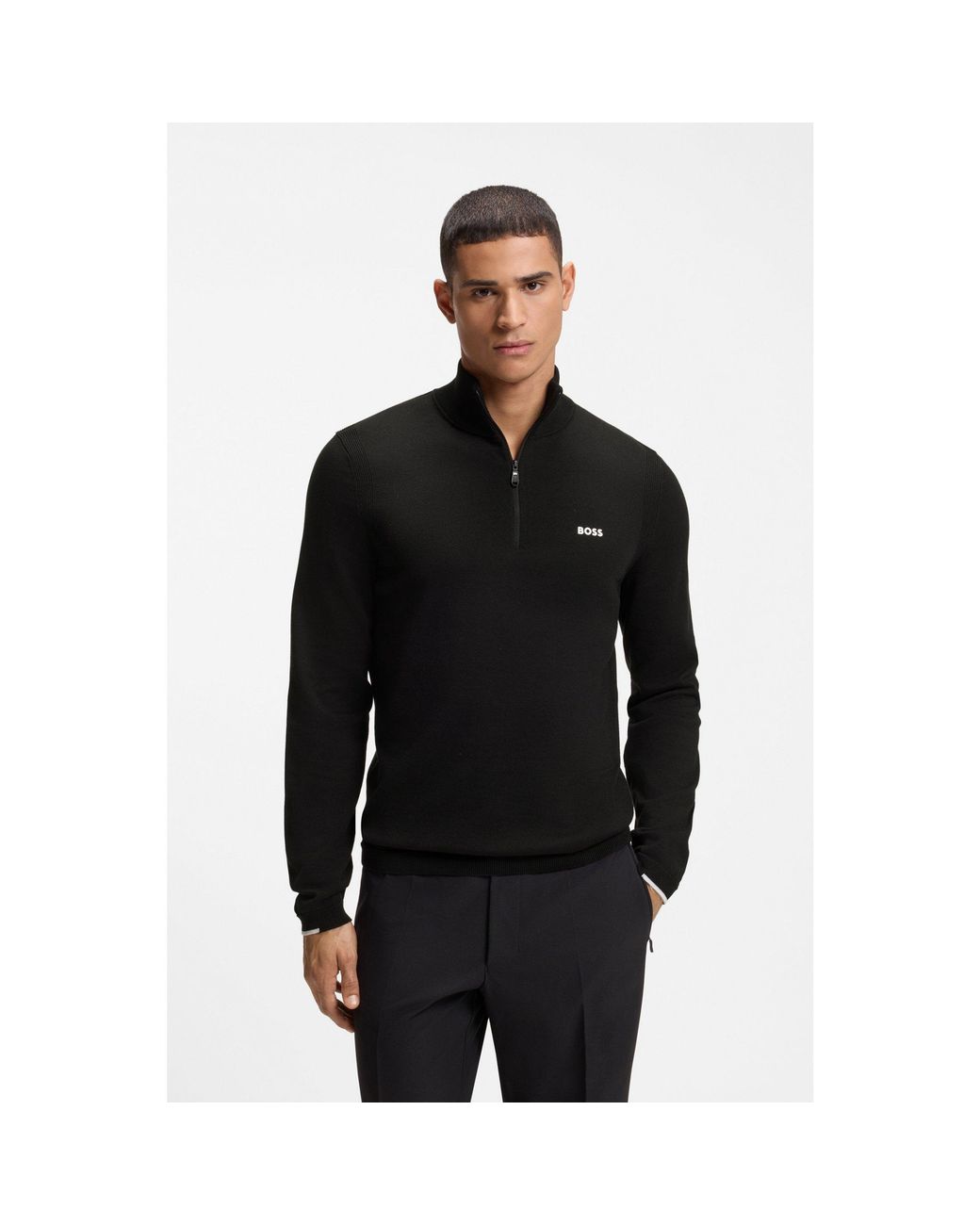 Boss Black Cotton Sweater With Quarter Zip for men