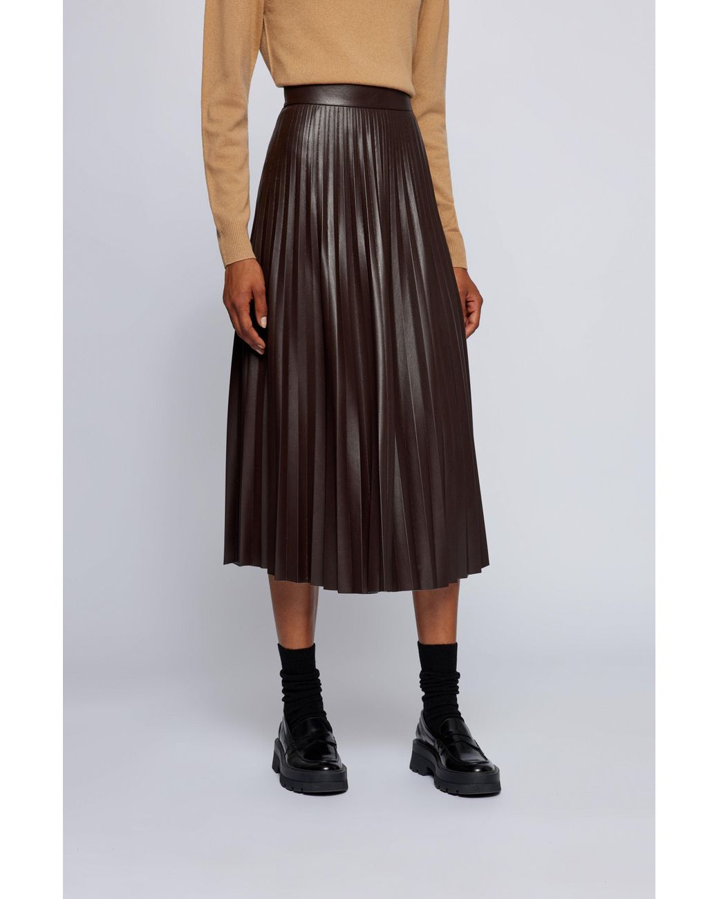 BOSS by HUGO BOSS Midi Skirt In Faux Leather With Plissé Pleats in Brown |  Lyst