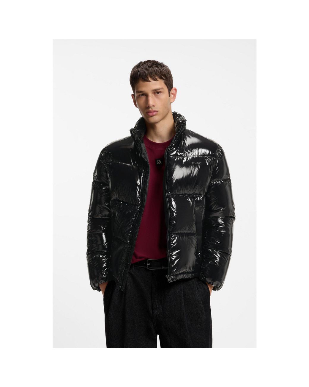 HUGO Black Glossy Water-Repellent Puffer Jacket With Tonal Logo for men