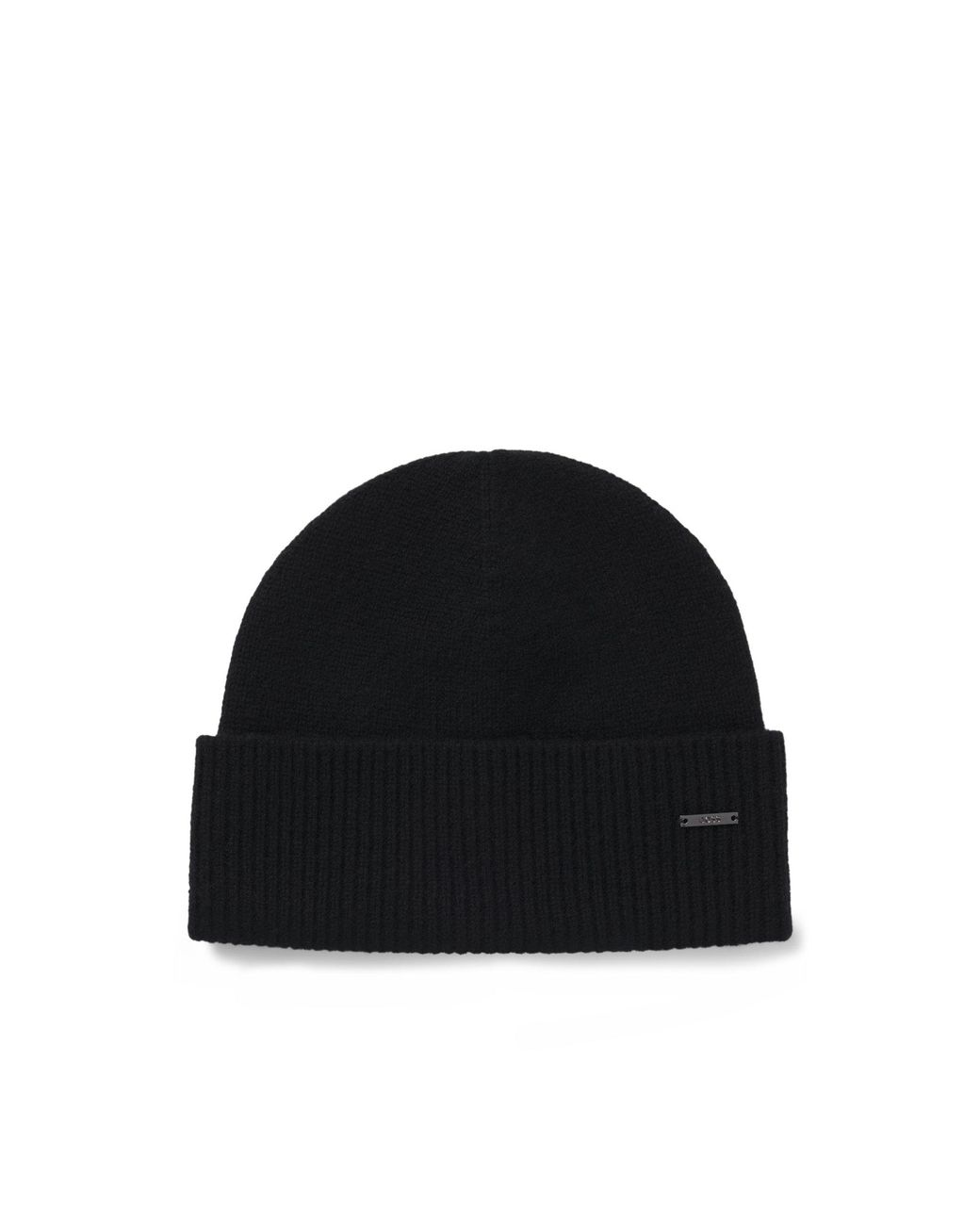 Boss Black Knitted Cashmere Beanie With Metal Logo Plaque for men