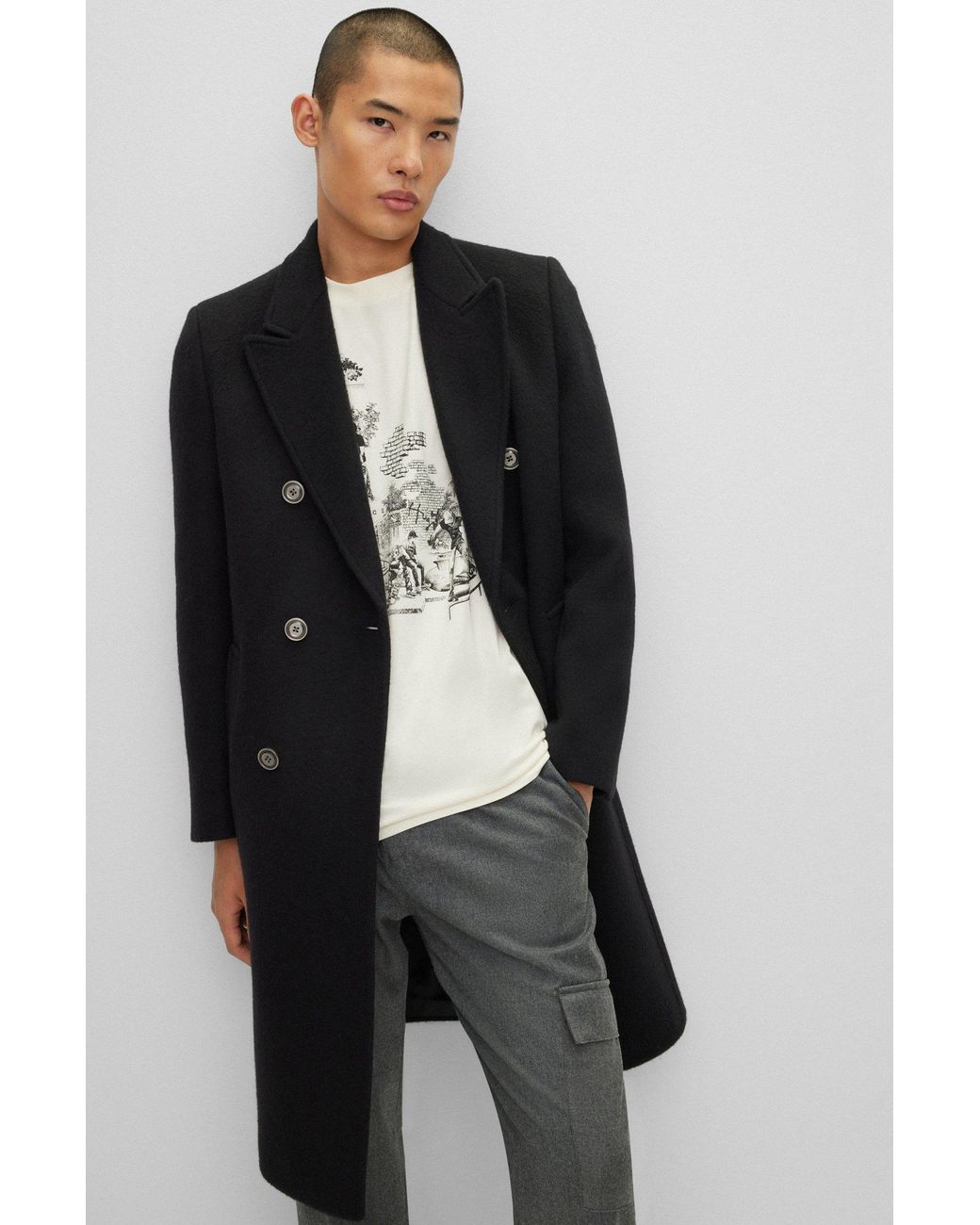 BOSS by HUGO BOSS Slim-fit Coat In A Wool Blend in Black for Men | Lyst UK