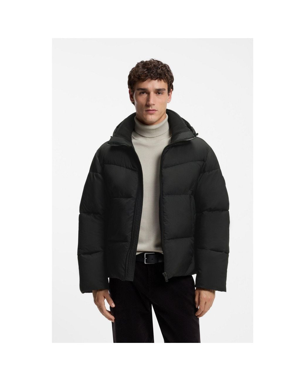 Boss Black Water-Repellent Puffer Jacket With Detachable Hood for men
