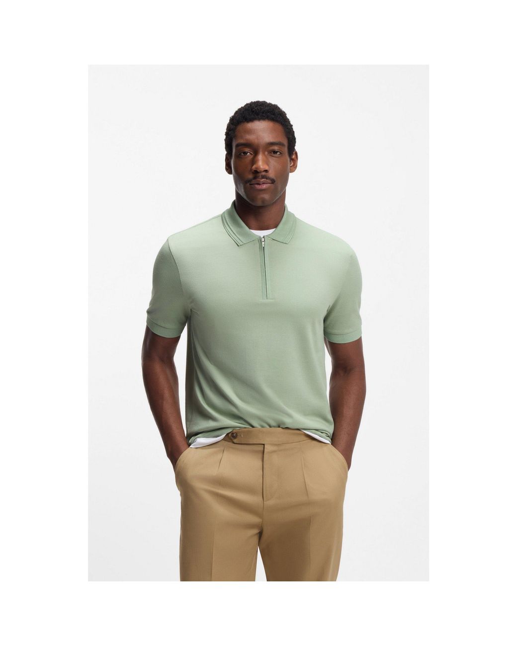 Boss Green Cotton-Blend Polo Shirt With Zip Placket for men