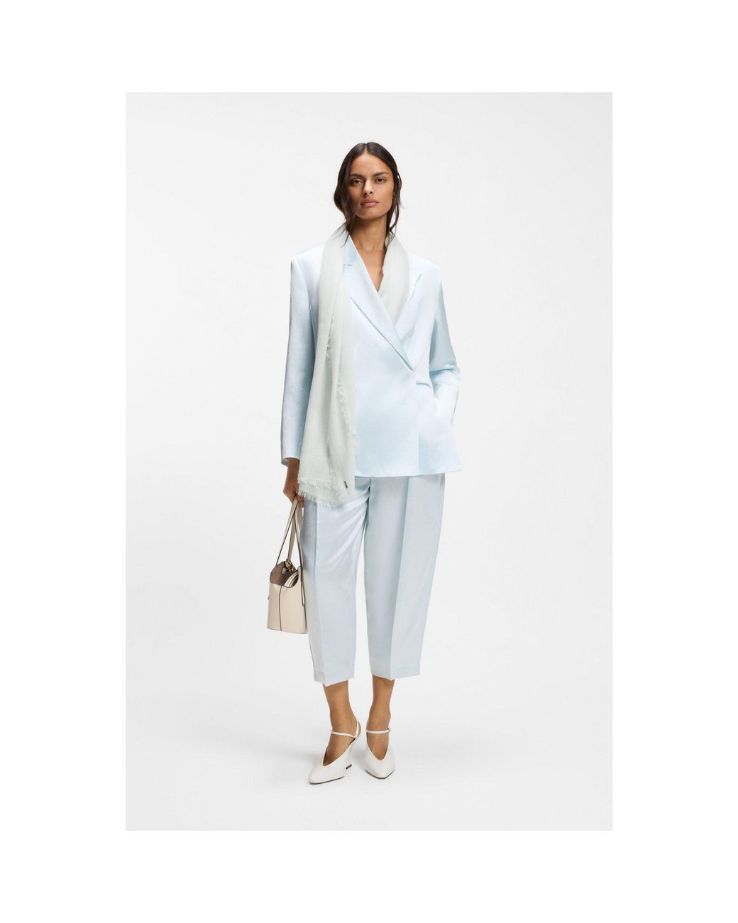 Boss White Lightweight Wool Scarf With Fringed Trims