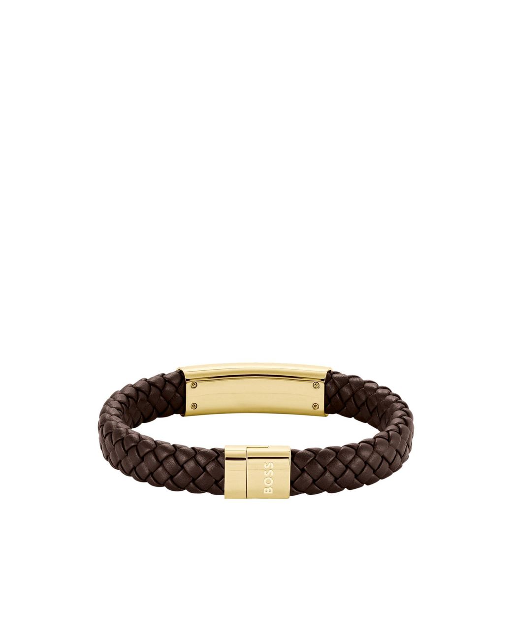 Boss Brown Braided-Leather Cuff With-Tone Logo Plate for men