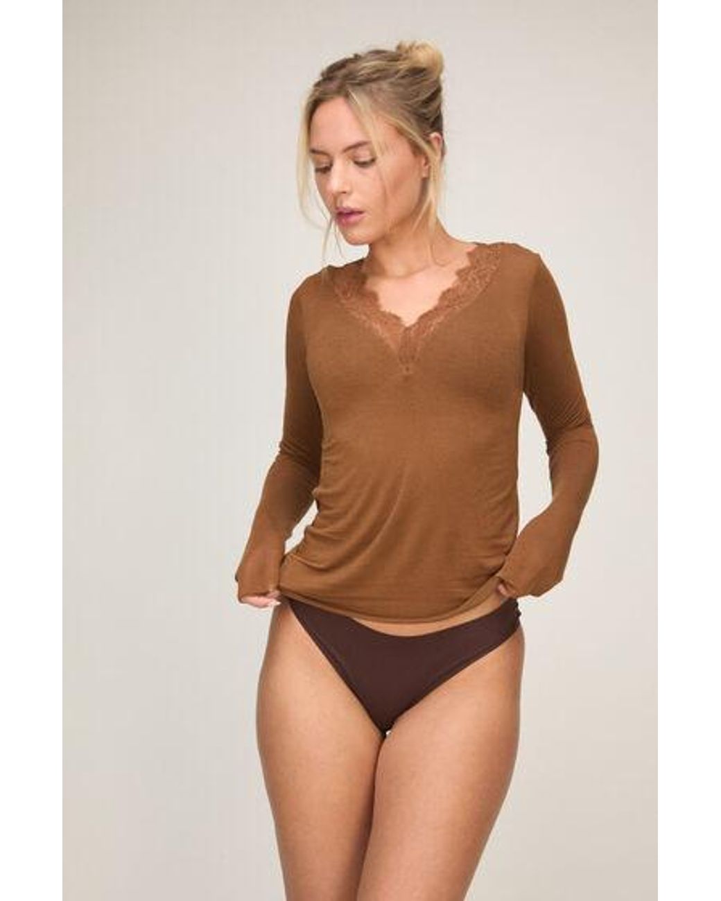 Hunkemöller Brown Super Soft Lace V-Neck Shirt With Cashmere