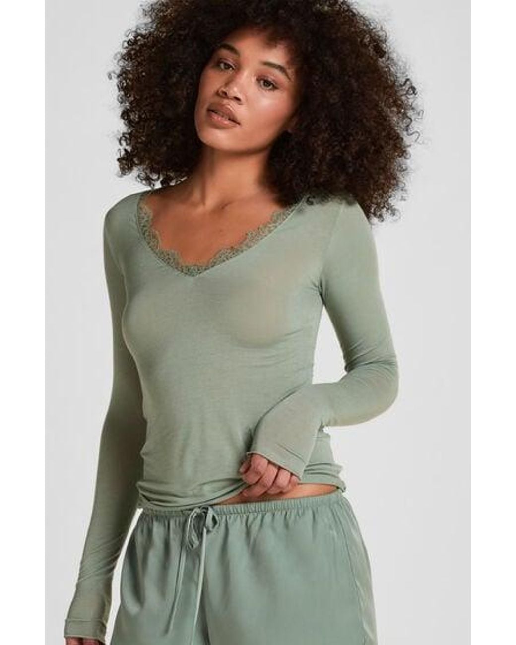 Hunkemöller Green Super Soft Lace V-Neck Shirt With Cashmere