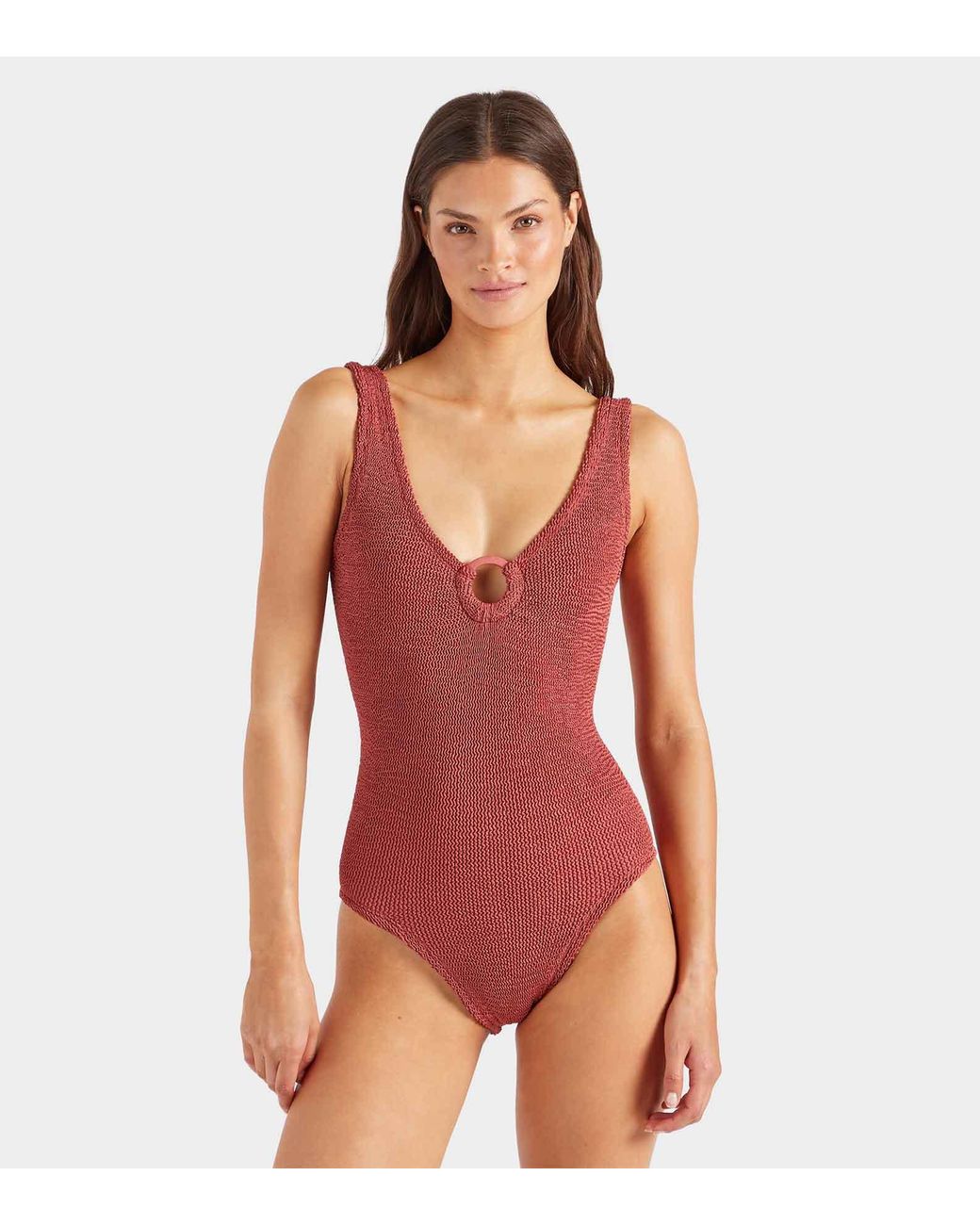 ワンピース水着 Hunza G FW25 CELINE SWIM COVERED HOOP (SCELINETX RED) Hunza G Coverage Celine Swim With Tonal Hoops in Red | Lyst