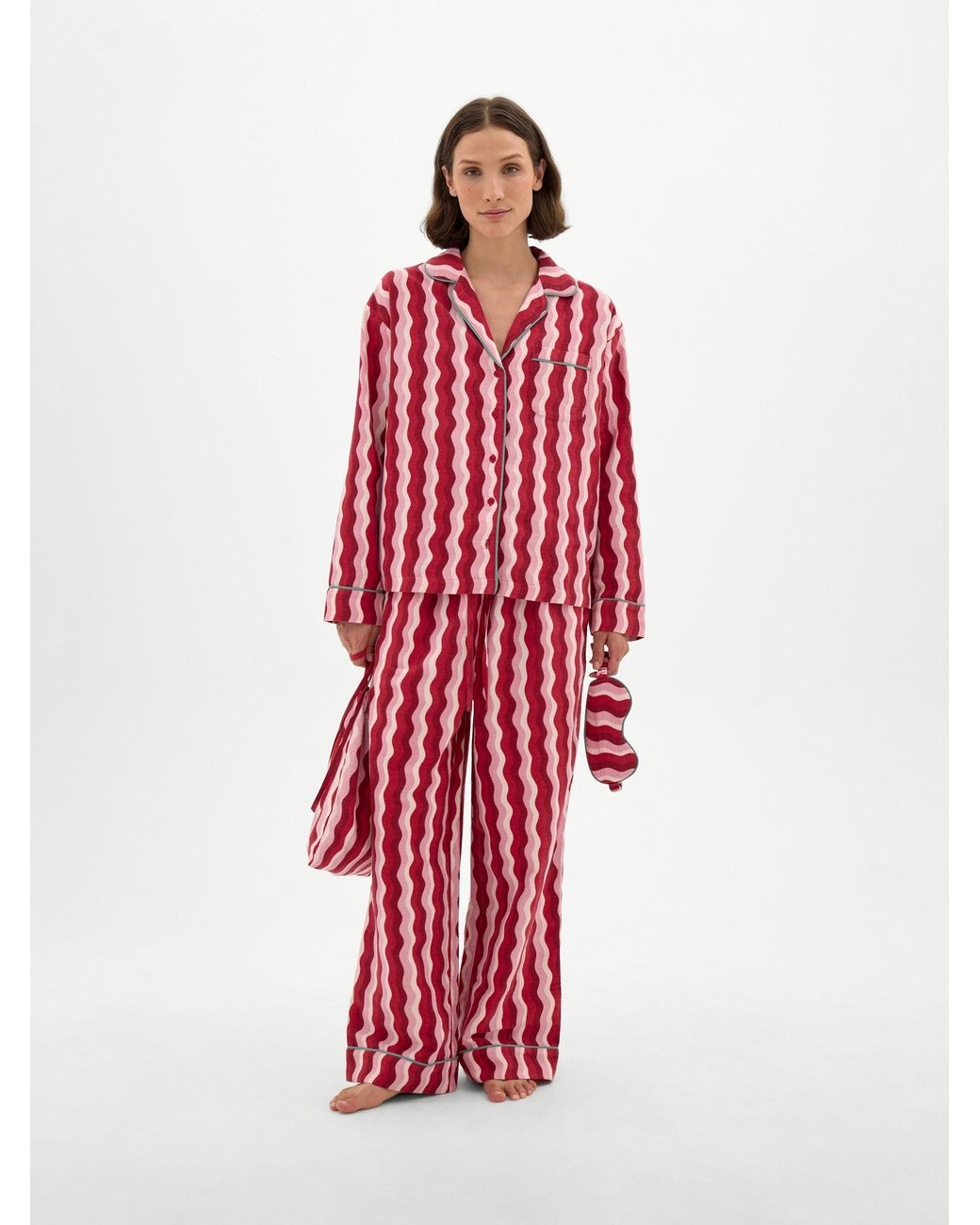 Hush Red Lois Brushed Cotton Revere Collar Pyjamas + Eye Mask