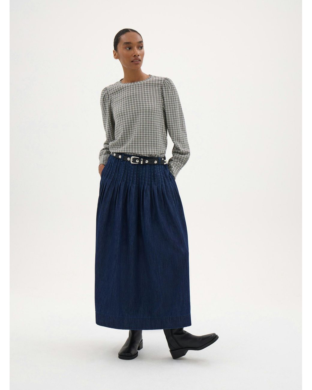 Hush Gray Emily Check Puff Sleeve Top