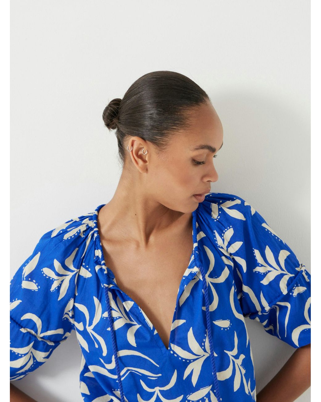 Hush Blue Printed Cotton Balloon Sleeve Blouse