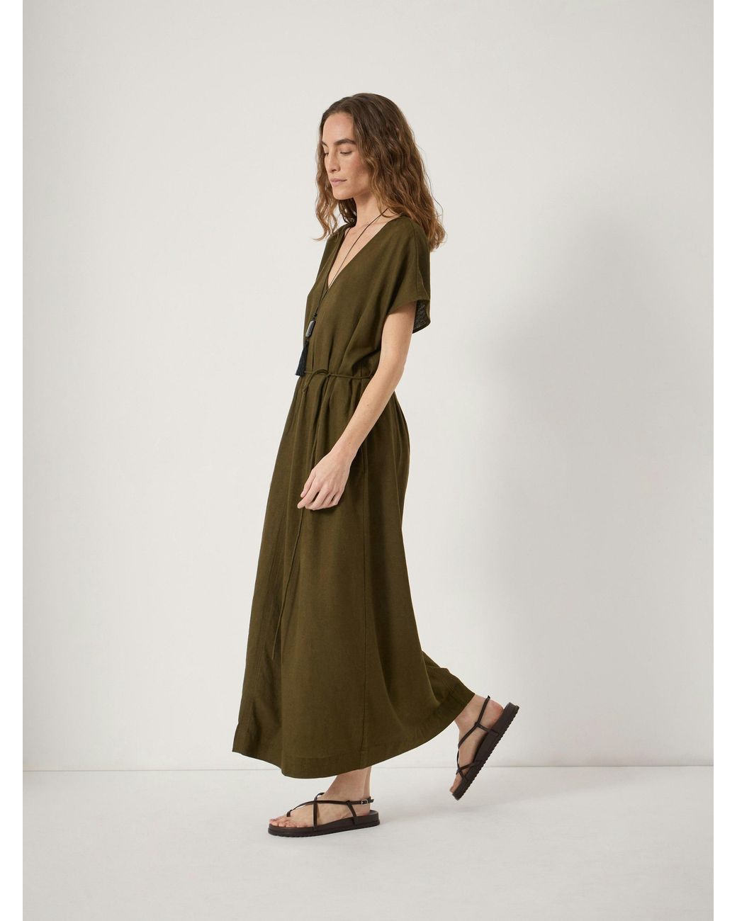 Hush Green Linen Blend Remy Pleated Midi Dress