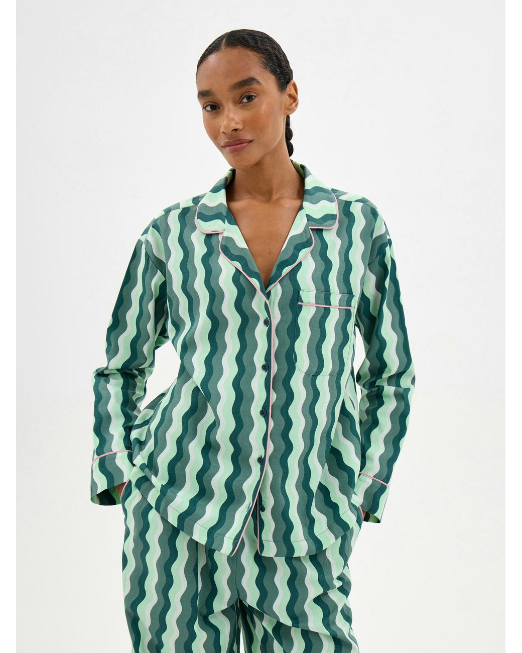 Hush Green Lois Brushed Cotton Revere Collar Pyjamas + Eye Mask