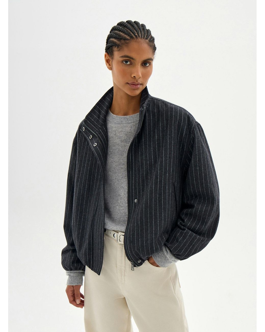 Hush Blue Maple Pinstripe Wool Blend Bubble Jacket
