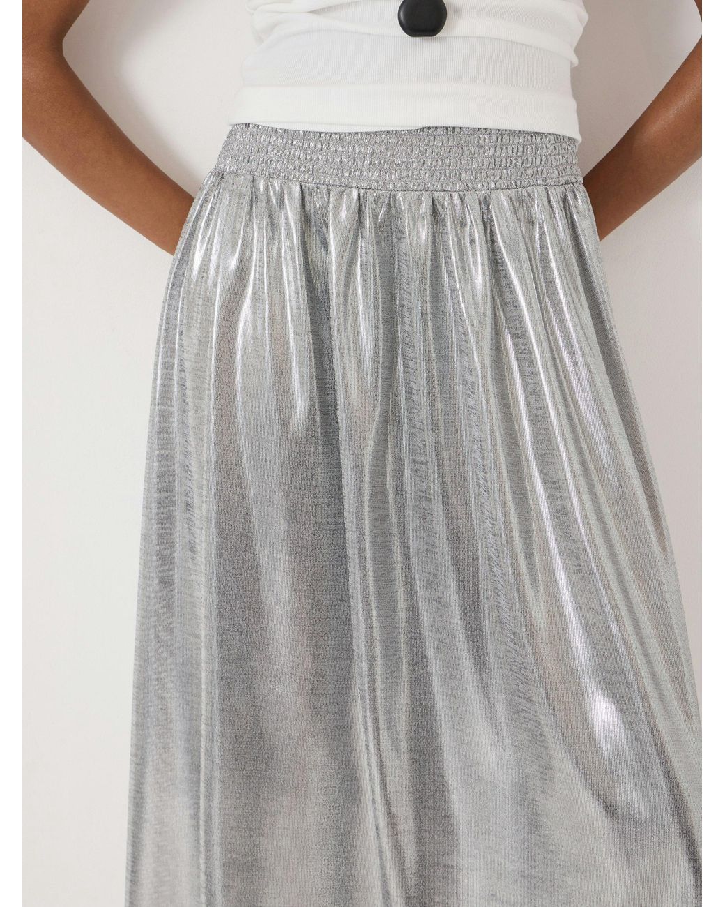 Hush White Metallic Shirred Waistband Jersey Midi Skirt